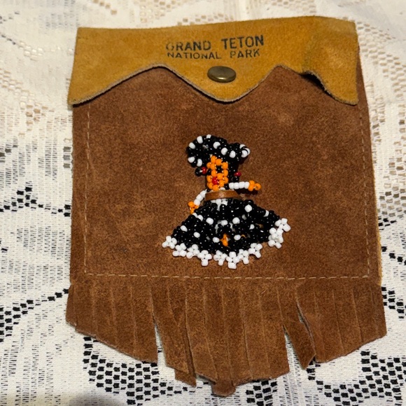 Vintage Handbags - Vintage Leather Pouch with Beaded Design and Fringe